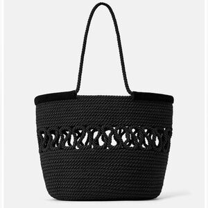 Zara Woman Black Suede Leather Macrame Woven Tote Purse Bag XL Bucket Bag Rope